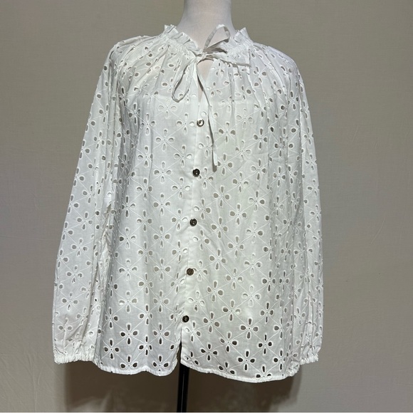 Nine West White Eyelet Women's Ruffle Collar Blouse - Picture 3 of 16